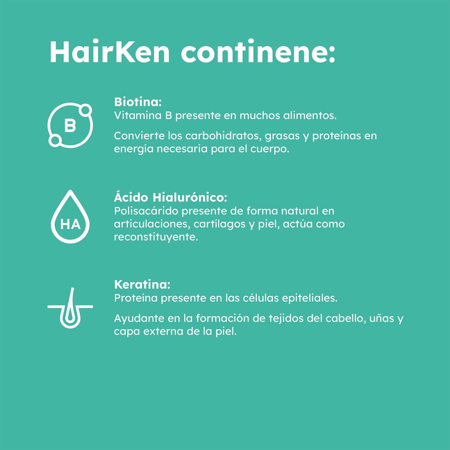 HAIRKEN ingredientes principales: Biotina para energía, Ácido Hialurónico para articulaciones y piel, y Queratina para cabello, uñas y piel.