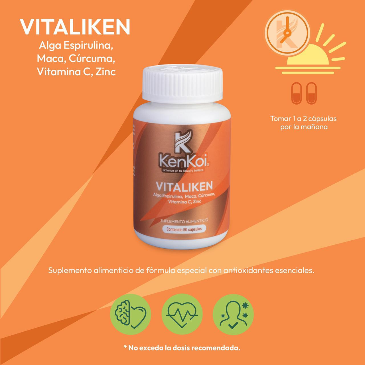 VITALIKEN suplemento alimenticio de 60 cápsulas con espirulina, maca, cúrcuma, vitamina C, zinc para energía e inmunidad.