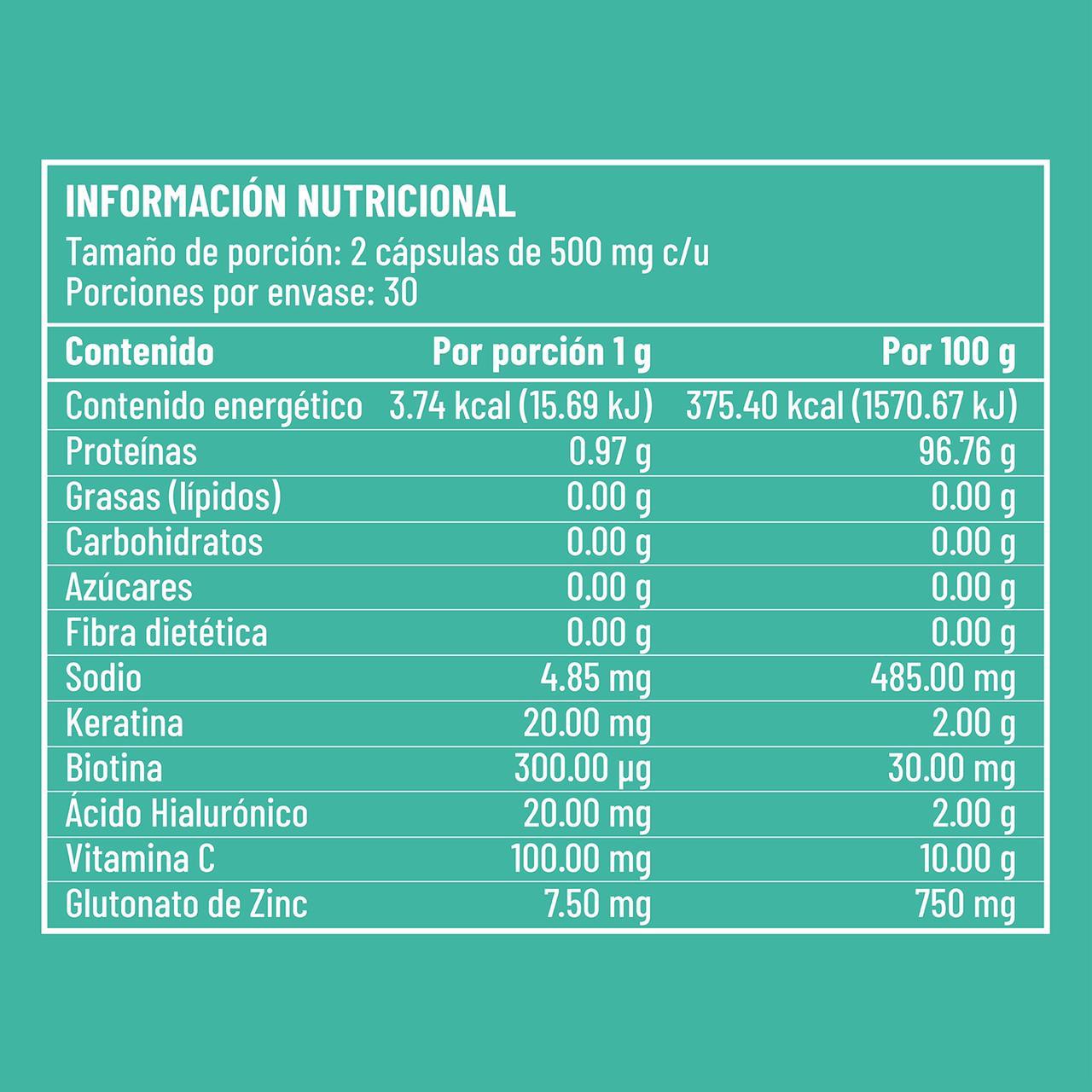 Tabla de información nutricional de HAIRKEN. Detalla el contenido por porción de Biotina, Keratina y Ácido Hialurónico.