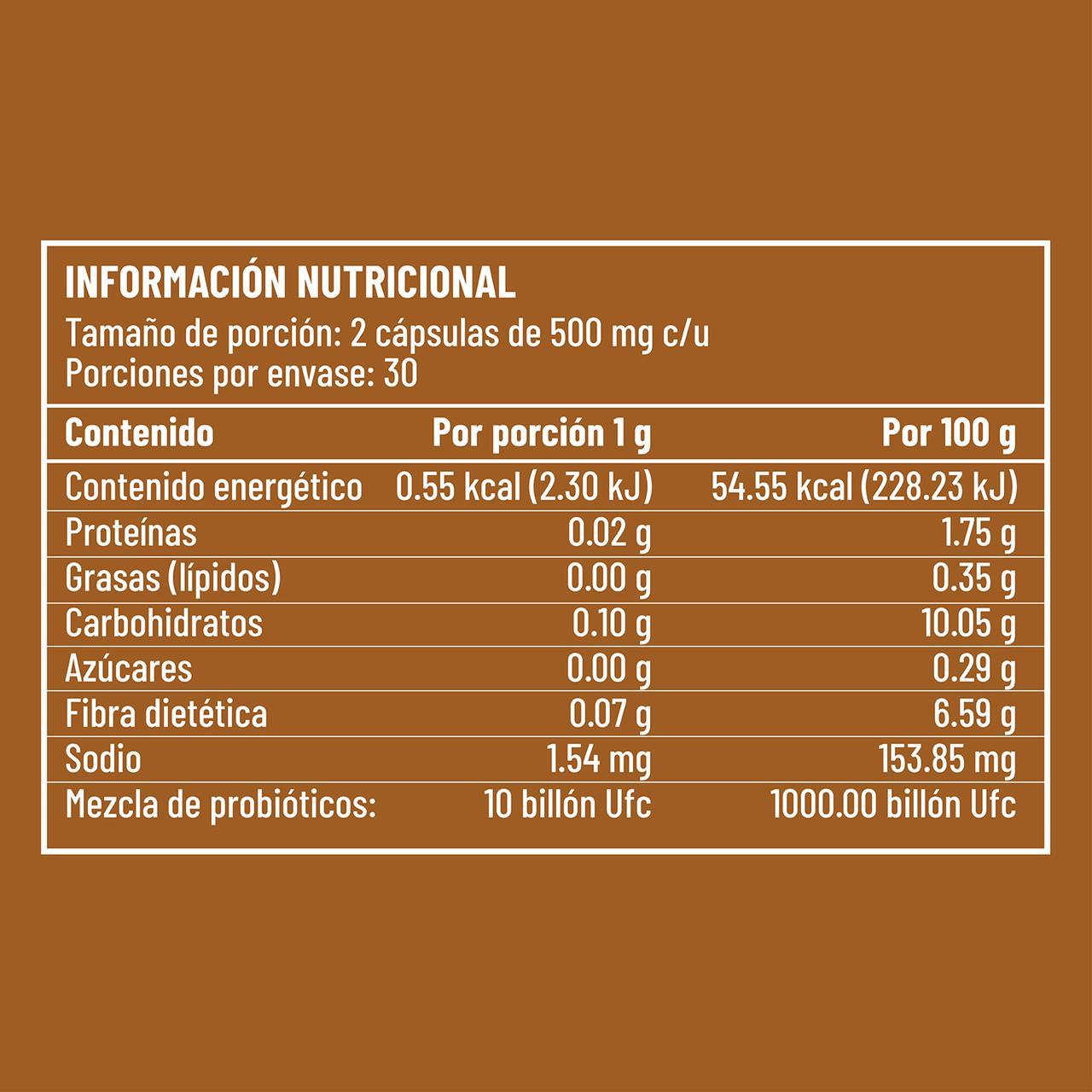 Tabla de información nutricional de DETOXKEN mostrando probióticos, energía, proteínas y carbohidratos. Detalles de porción.