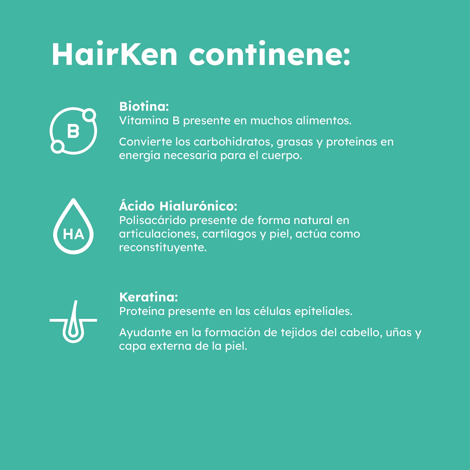 HAIRKEN ingredientes principales: Biotina para energía, Ácido Hialurónico para articulaciones y piel, y Queratina para cabello, uñas y piel.