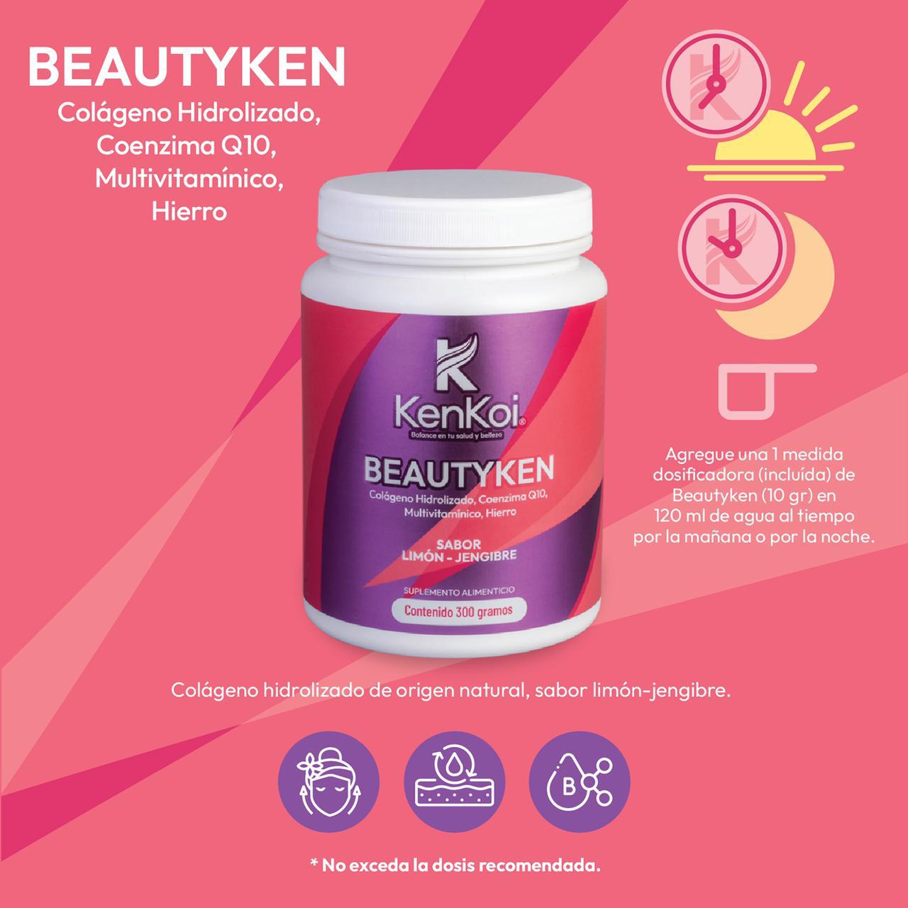 Ficha genérica para BEAUTYKEN Colágeno Hidrolizado, Coenzima Q10, Multivitamínico e Hierro, sabor limón-jengibre. Piel firme e hidratada.