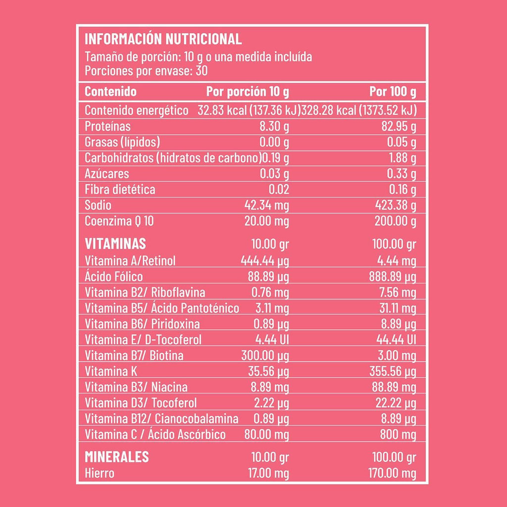 Tabla de información nutricional para BEAUTYKEN, detallando vitaminas, minerales y colágeno por porción.