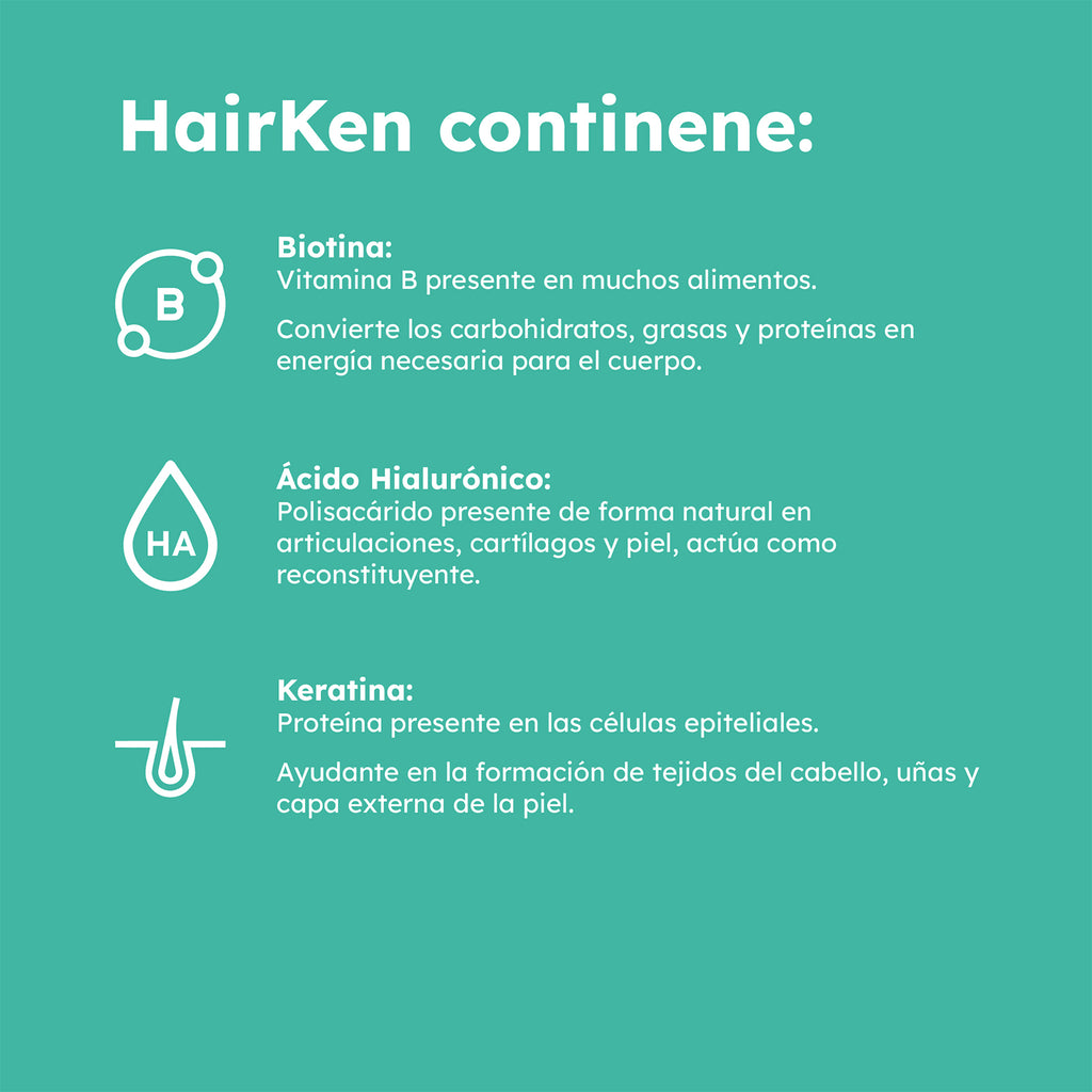 ficha detallando ingredientes de HAIRKEN ingredientes principales: Biotina para energía, Ácido Hialurónico para articulaciones y piel, y Queratina para cabello, uñas y piel.