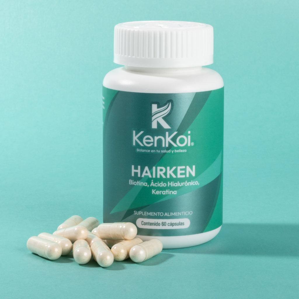 HAIRKEN, suplemento alimenticio para cabello sano y fuerte, con biotina, ácido hialurónico, y keratina; 60 cápsulas.