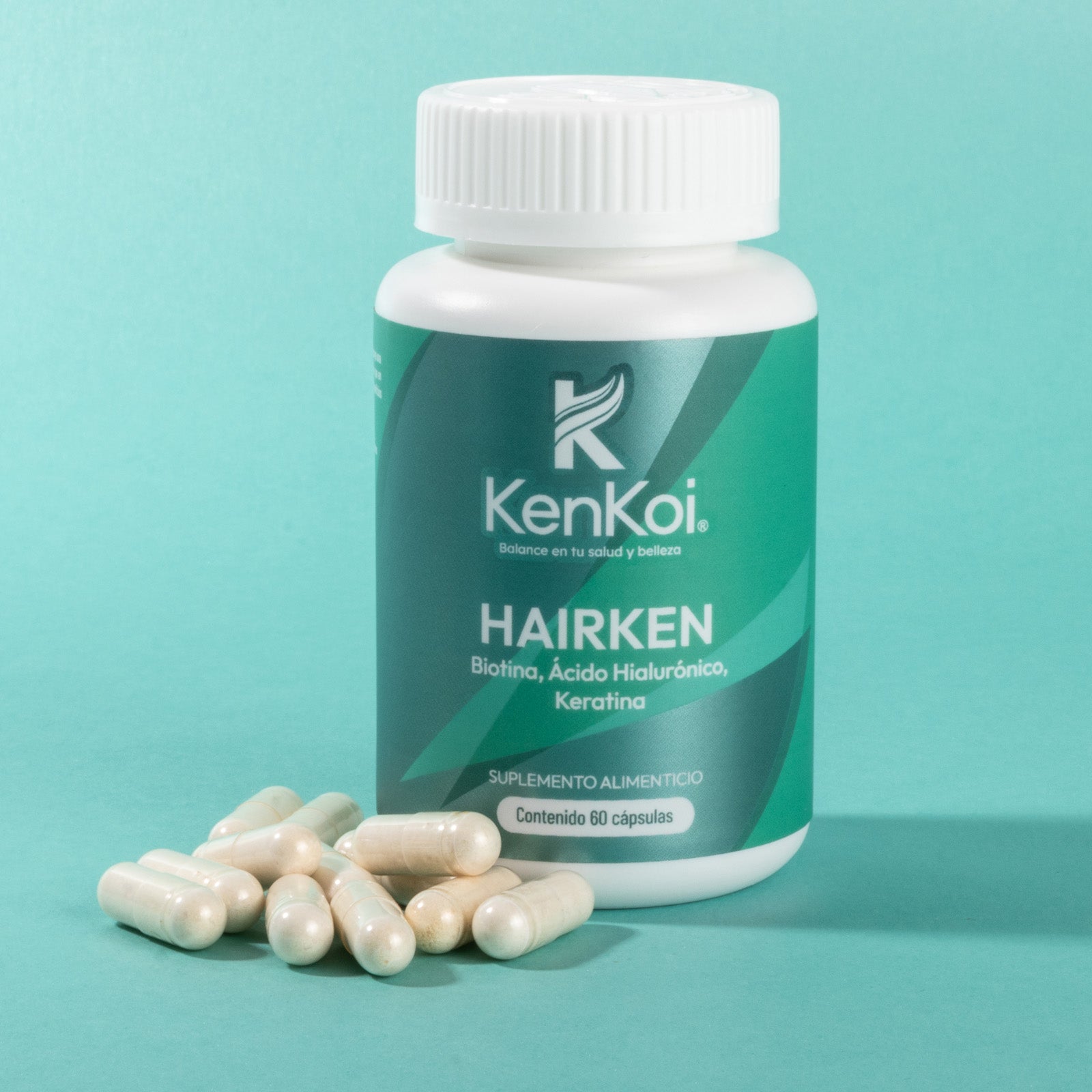 HAIRKEN, suplemento alimenticio para cabello sano y fuerte, con biotina, ácido hialurónico, y keratina; 60 cápsulas.