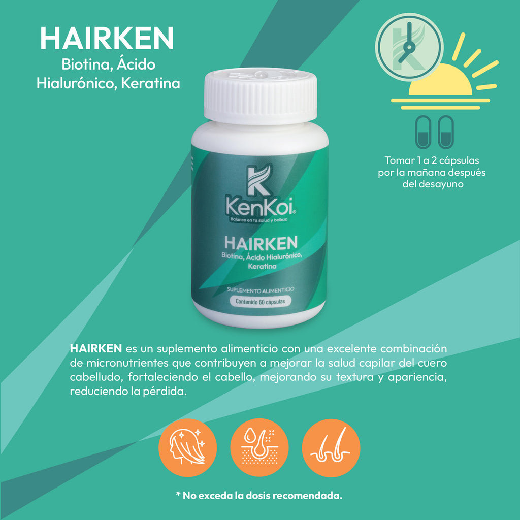 Frasco de HAIRKEN con biotina, ácido hialurónico y keratina. Suplemento para cabello fuerte, sano y reducir pérdida.