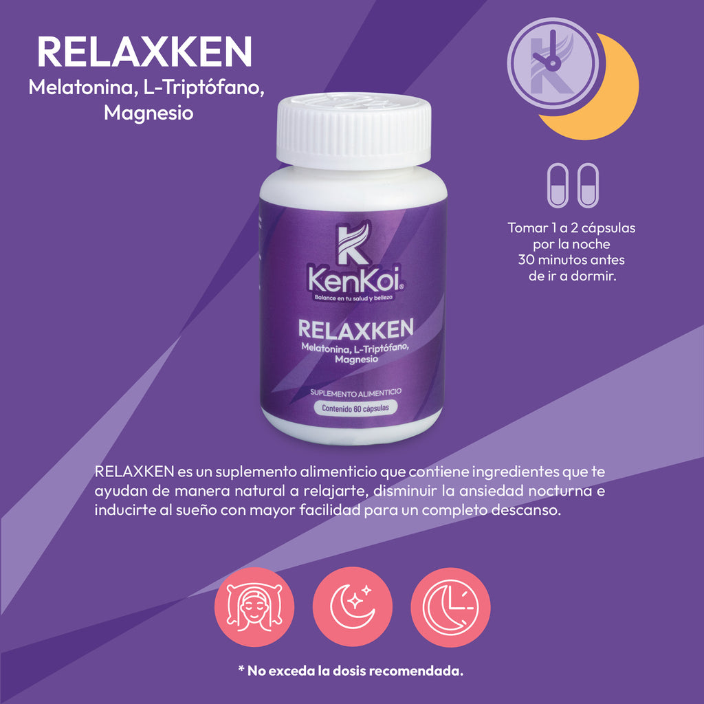 RELAXKEN suplemento alimenticio de 60 cápsulas, con melatonina, L-triptófano y magnesio. Ayuda a relajarse y dormir.