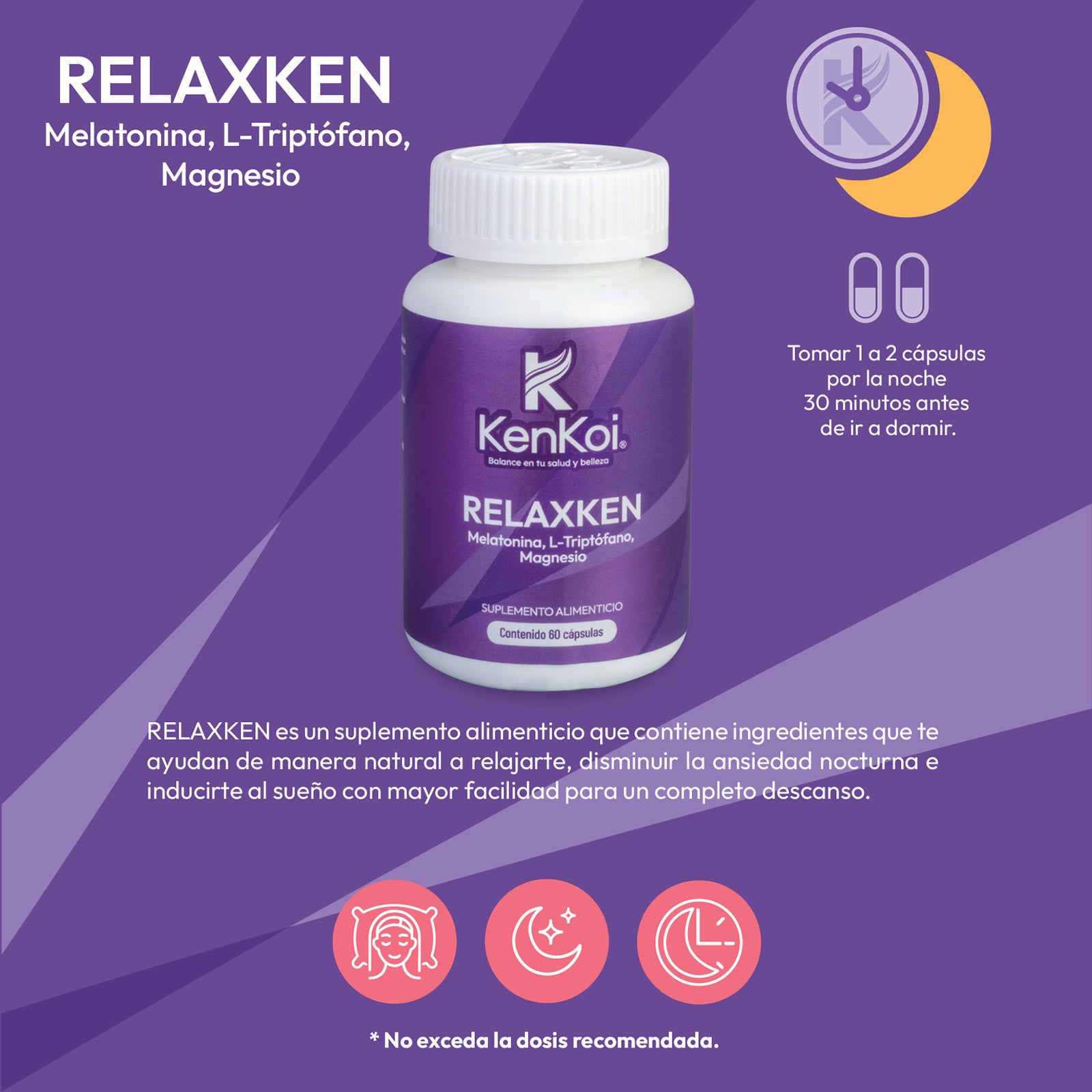 RELAXKEN suplemento alimenticio de 60 cápsulas, con melatonina, L-triptófano y magnesio. Ayuda a relajarse y dormir.