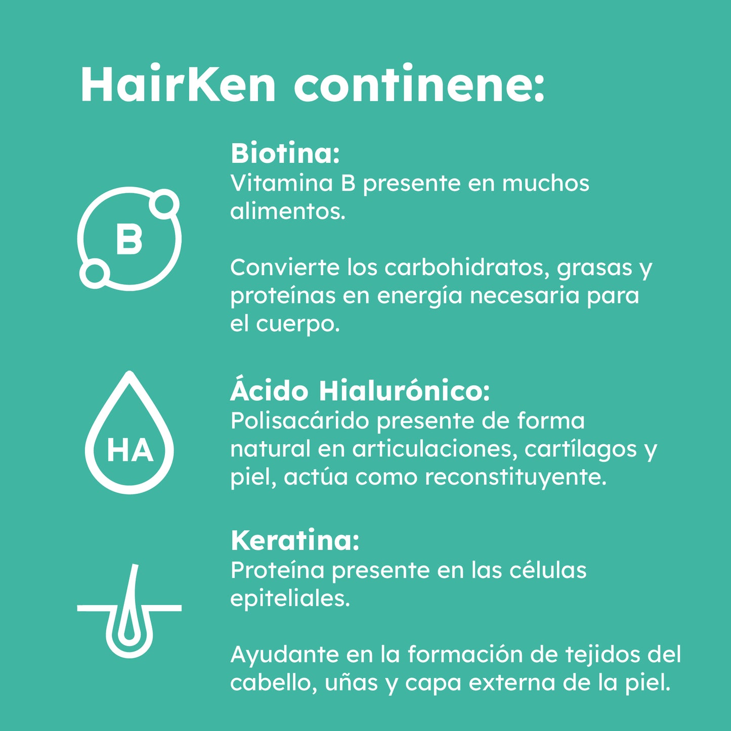 Suplemento para Cabello Sano: HAIRKEN con Biotina, Queratina y Ácido Hialurónico