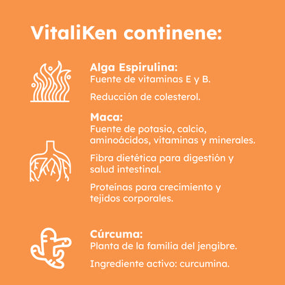 VITALIKEN Suplemento Energía Inmunidad con Espirulina, Maca y Cúrcuma