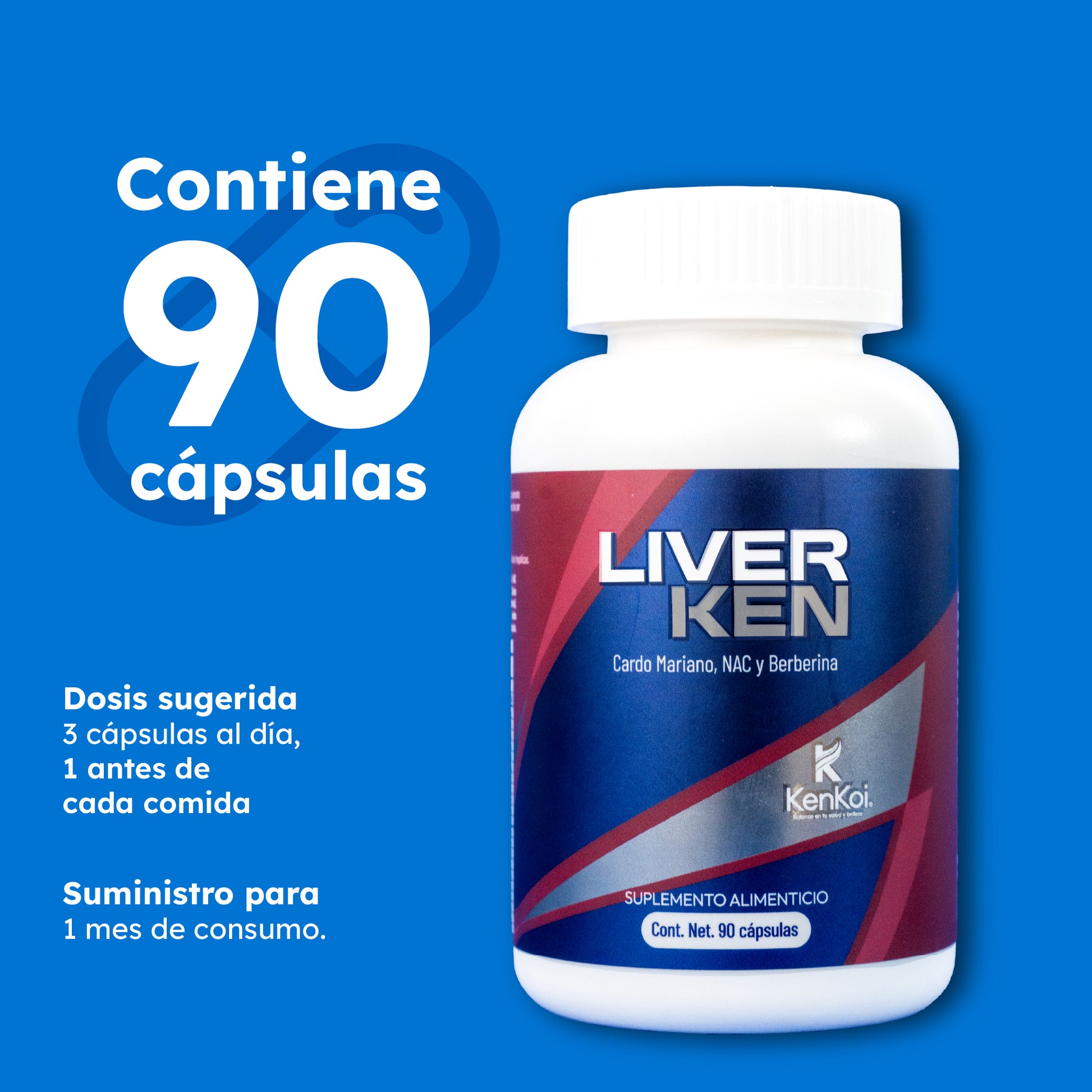 Frasco de LIVERKEN de Kenkoi con 90 cápsulas. Suplemento alimenticio con cardo mariano, NAC y berberina para 1 mes.