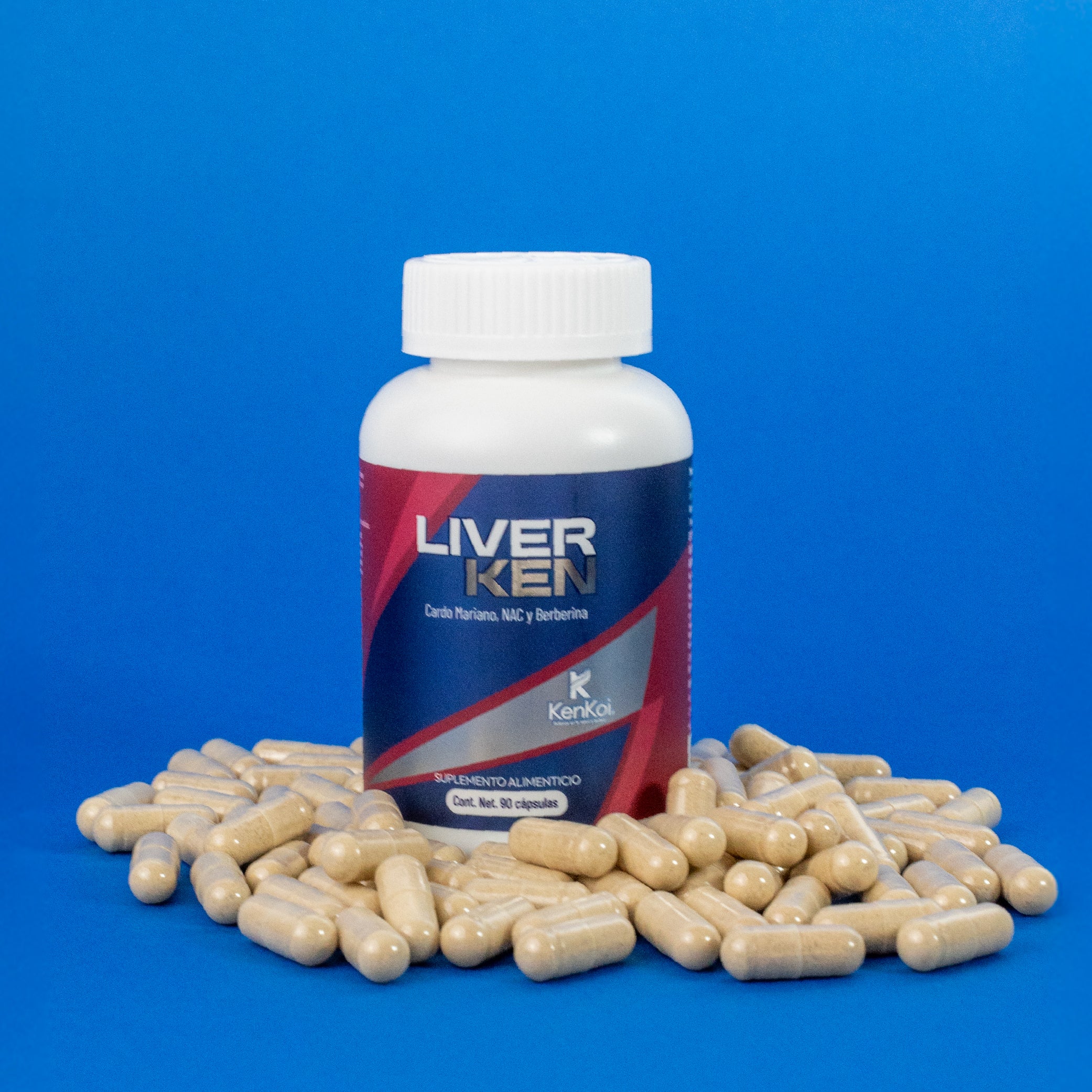 Frasco de LIVERKEN para la salud hepática, con Cardo Mariano, NAC y Berberina, rodeado de 90 cápsulas