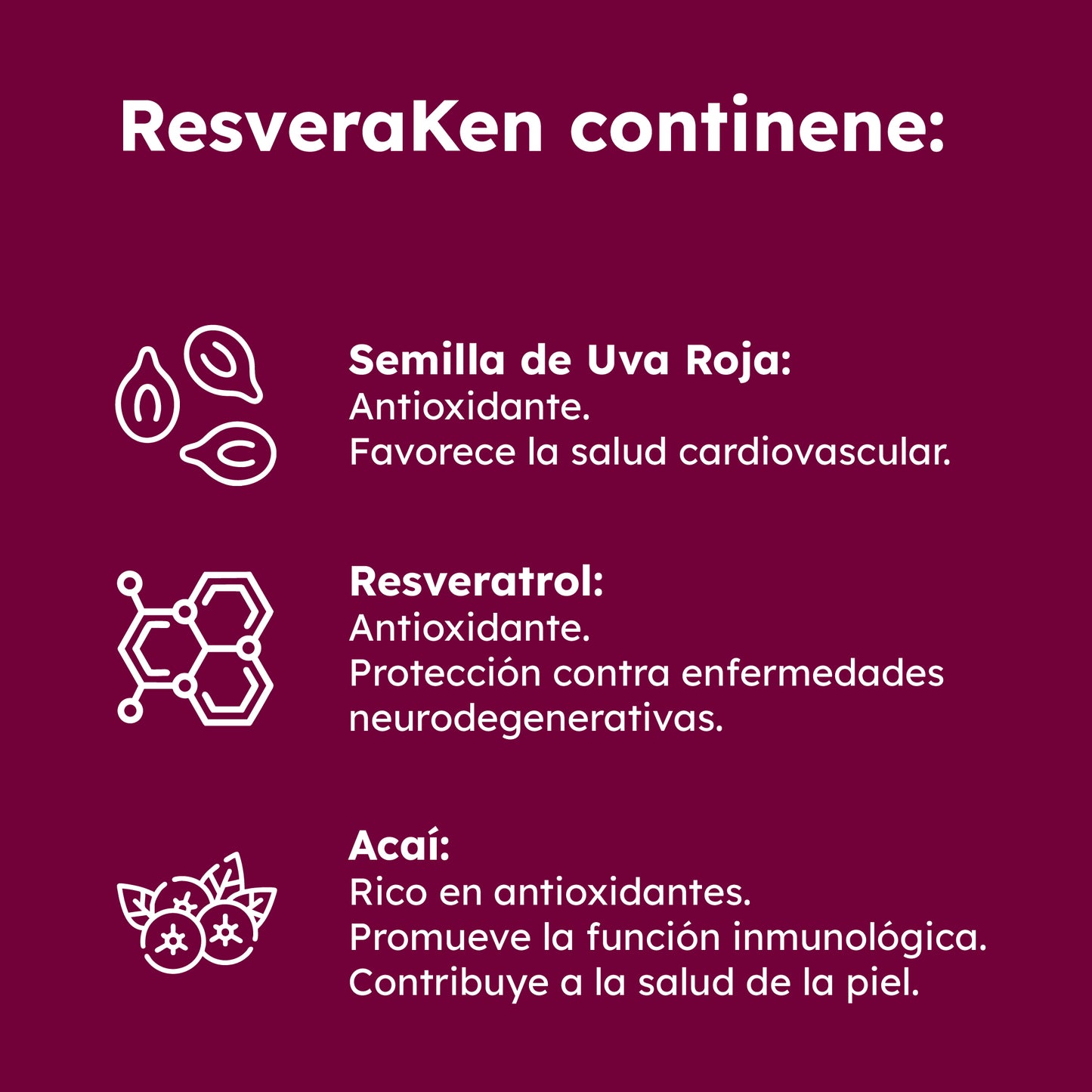 Imagen con texto que detalla ingredientes de Resveraken: Semilla de Uva Roja, Resveratrol, Açaí y sus beneficios antioxidantes.