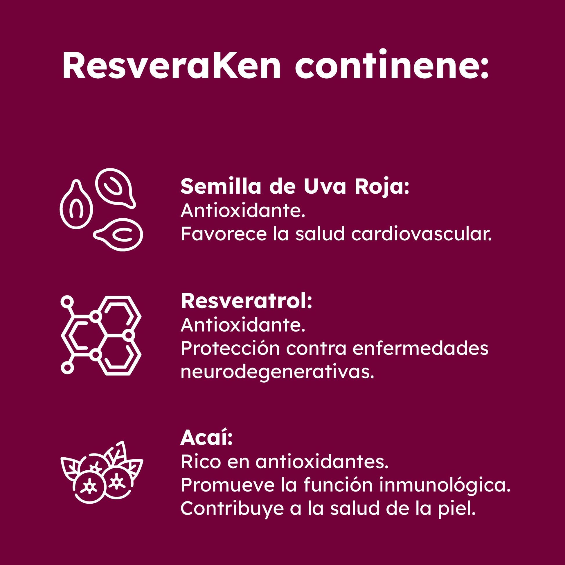 Imagen con texto que detalla ingredientes de Resveraken: Semilla de Uva Roja, Resveratrol, Açaí y sus beneficios antioxidantes.