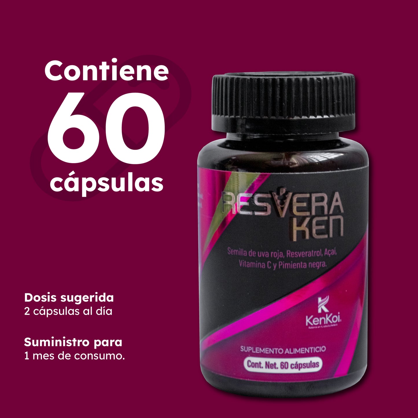 Frasco de RESVERAKEN suplemento de 60 cápsulas, con información de ingredientes como uva roja, resveratrol y açai.