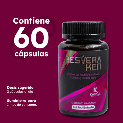 Frasco de RESVERAKEN suplemento de 60 cápsulas, con información de ingredientes como uva roja, resveratrol y açai.