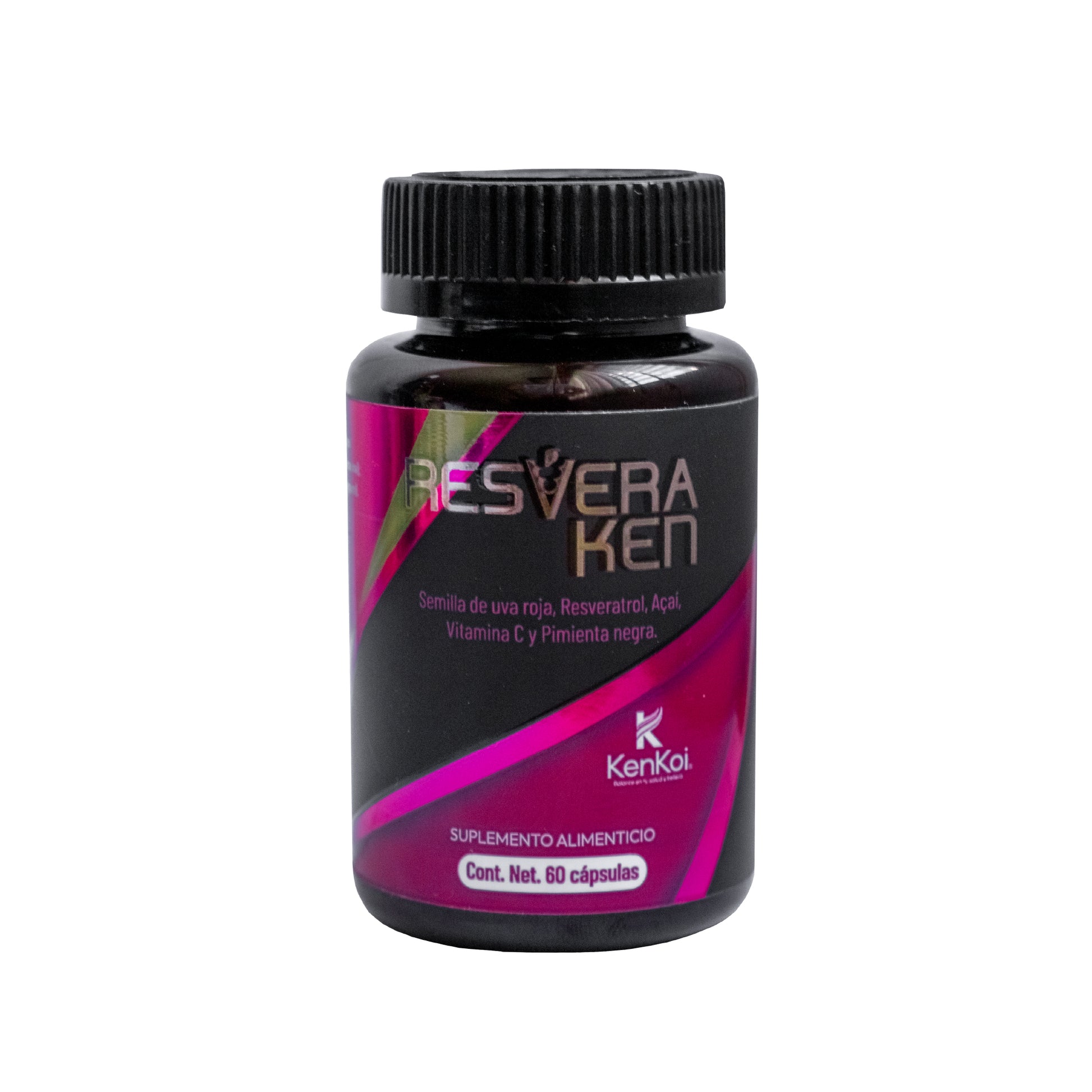Frasco de RESVERAKEN, suplemento antioxidante con resveratrol, uva roja, açaí, vitamina C y pimienta negra, 60 cápsulas.