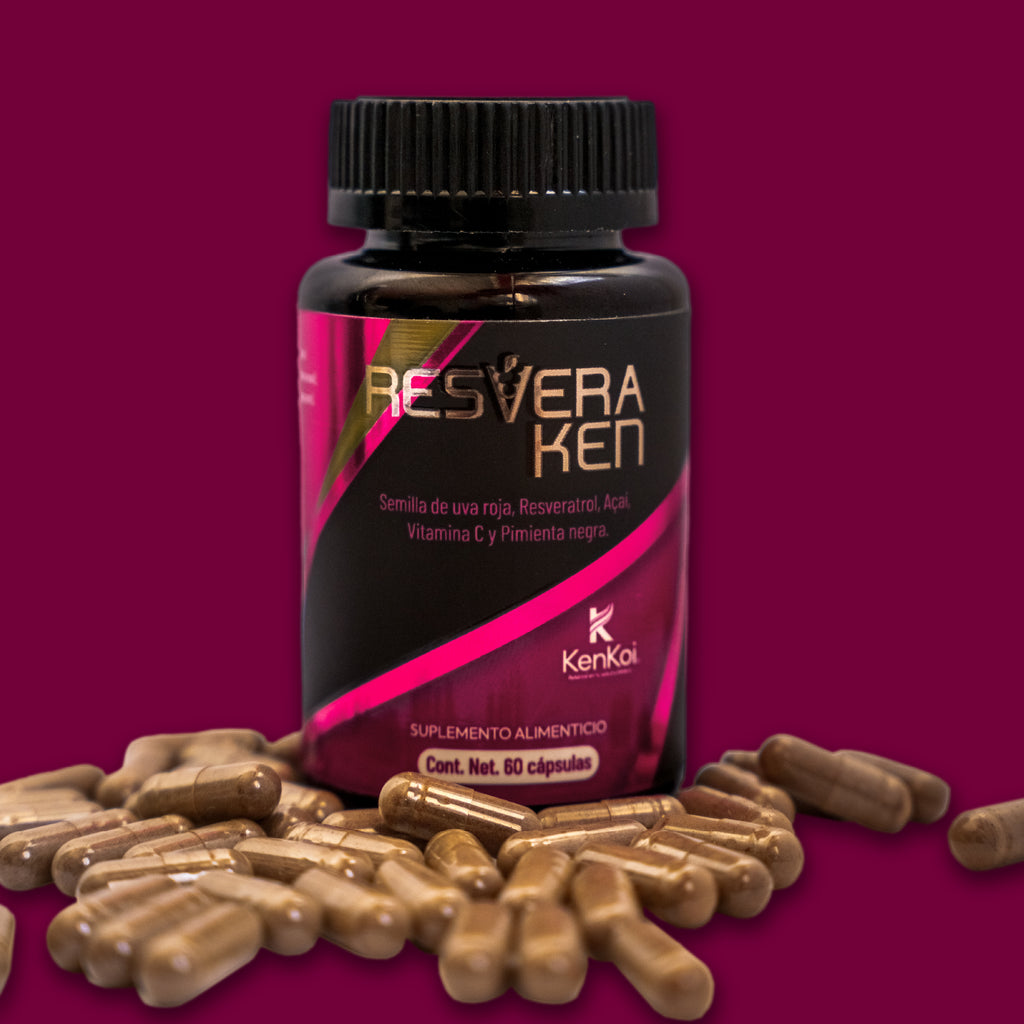 Frasco de Resveraken suplemento antioxidante con 60 cápsulas de semilla de uva roja, resveratrol, açai, vitamina C y pimienta negra.