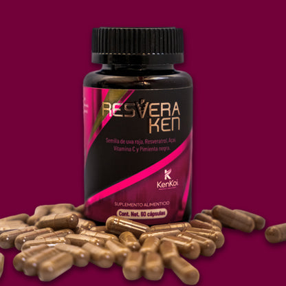 Frasco de Resveraken suplemento antioxidante con 60 cápsulas de semilla de uva roja, resveratrol, açai, vitamina C y pimienta negra.
