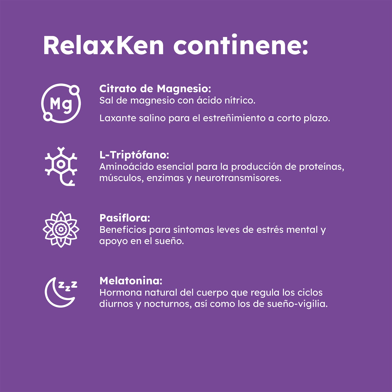 Imagen que detalla los ingredientes de RELAXKEN: Citrato de Magnesio, L-Triptófano, Pasiflora y Melatonina y sus beneficios al consumirlos.