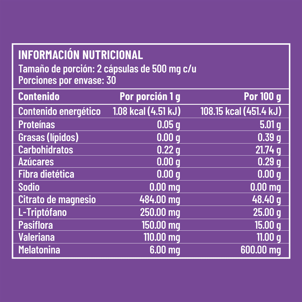 Tabla nutricional de RELAXKEN con información detallada por porción y por 100g, incluyendo magnesio, triptófano y melatonina.