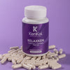Frasco de RELAXKEN KenKoi blanco y morado con 60 cápsulas de melatonina, L-triptófano y magnesio sobre cápsulas.