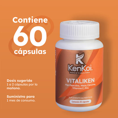 Frasco de VITALIKEN con 60 cápsulas de suplemento alimenticio para energía e inmunidad, contiene espirulina, maca, cúrcuma, vitamina C y zinc. Suficiente para 1 mes.