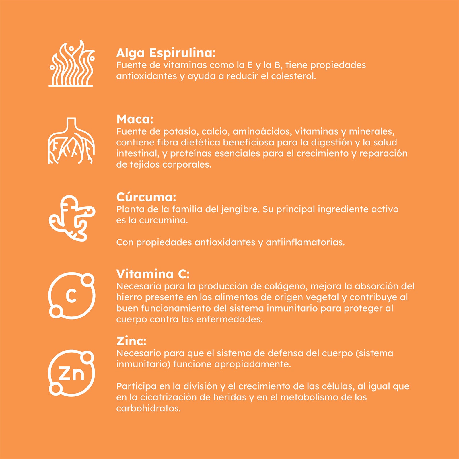 Imagen informativa de VITALIKEN suplemento alimenticio natural detallando los beneficios de sus ingredientes: espirulina, maca, cúrcuma, vitamina C y zinc.