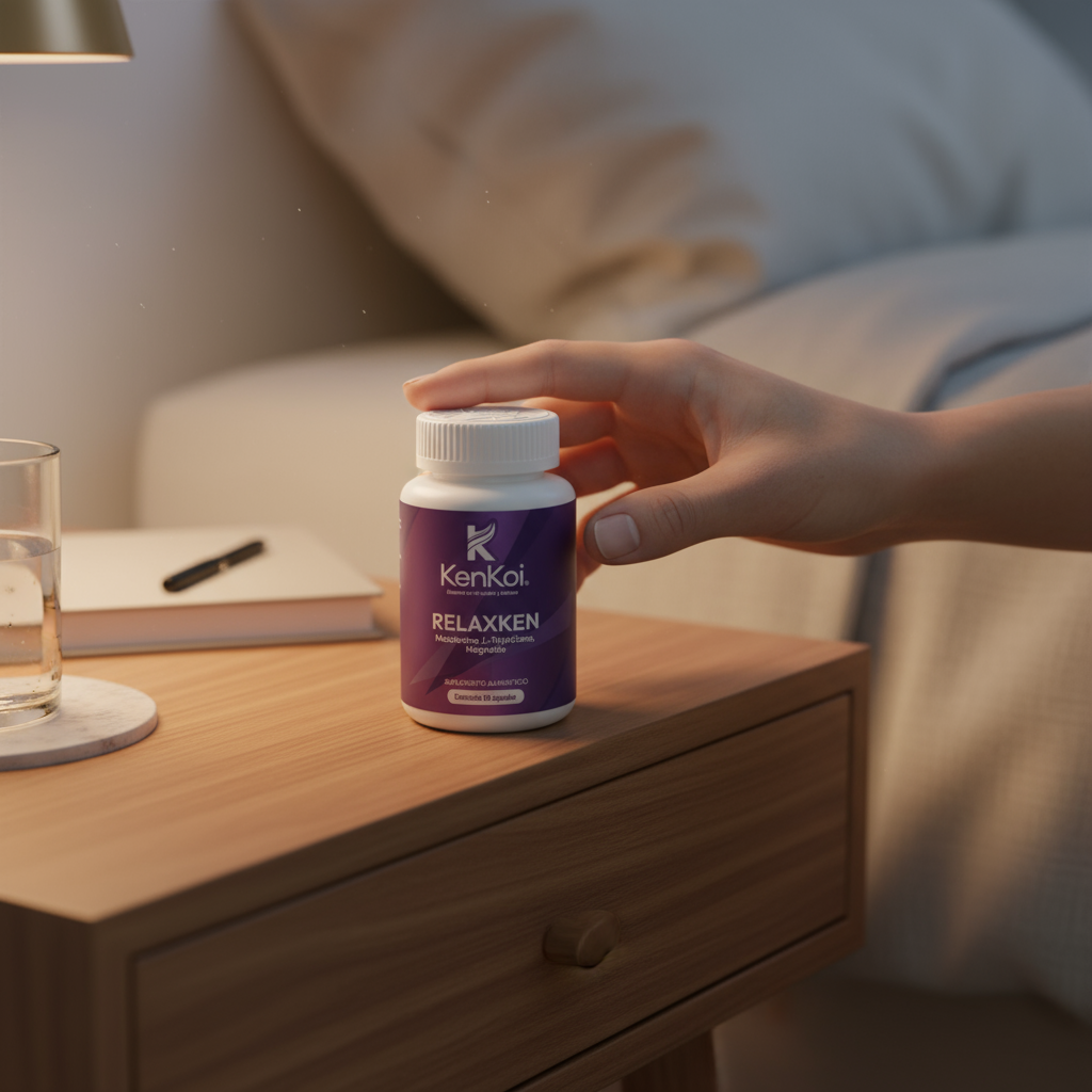 RELAXKEN, suplemento para relajación, en mesa de noche con mano femenina, libro y vaso de agua, luz cálida.