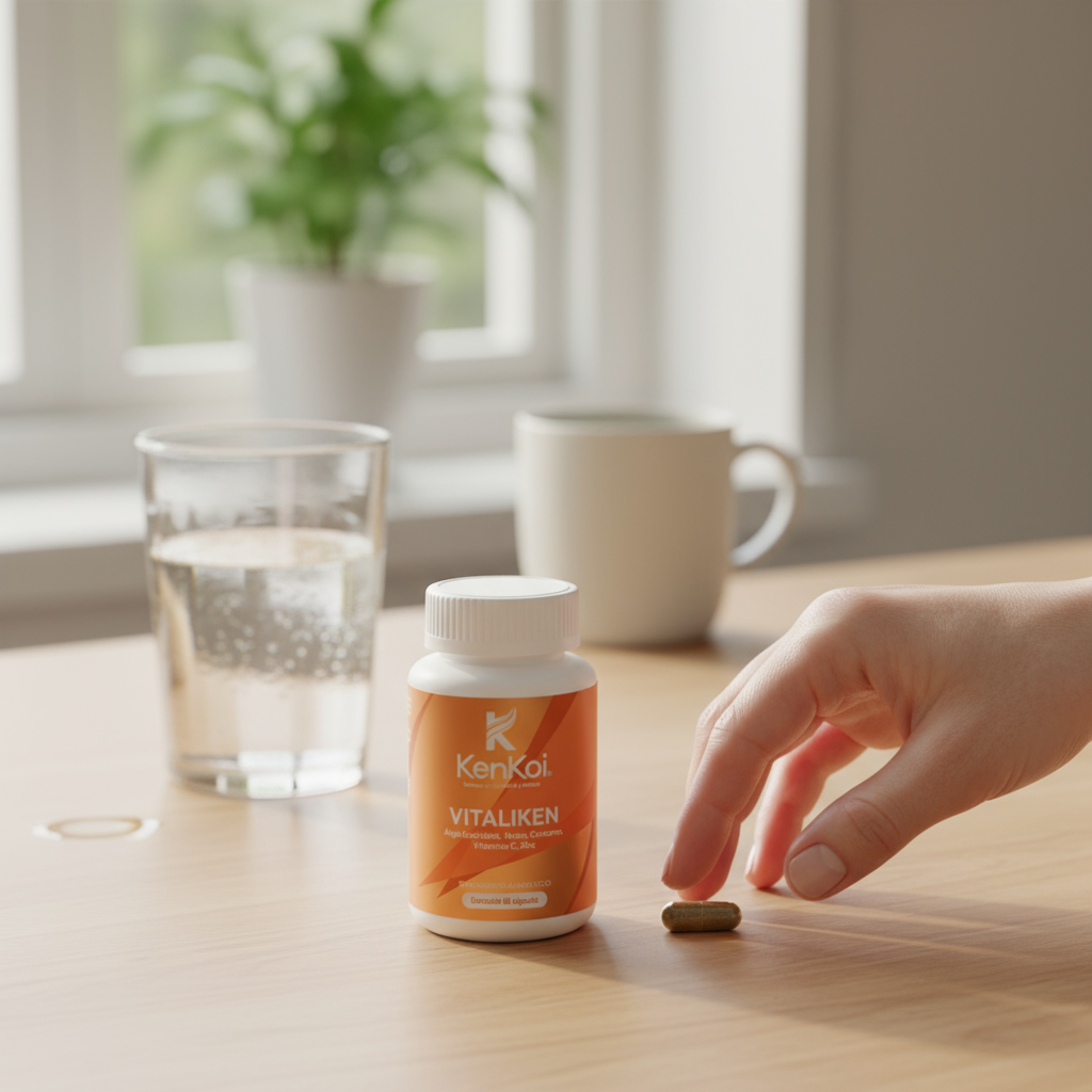 Mano de mujer tomando cápsula de VITALIKEN en mostrador de cocina, con botella, vaso de agua y taza en fondo borroso.