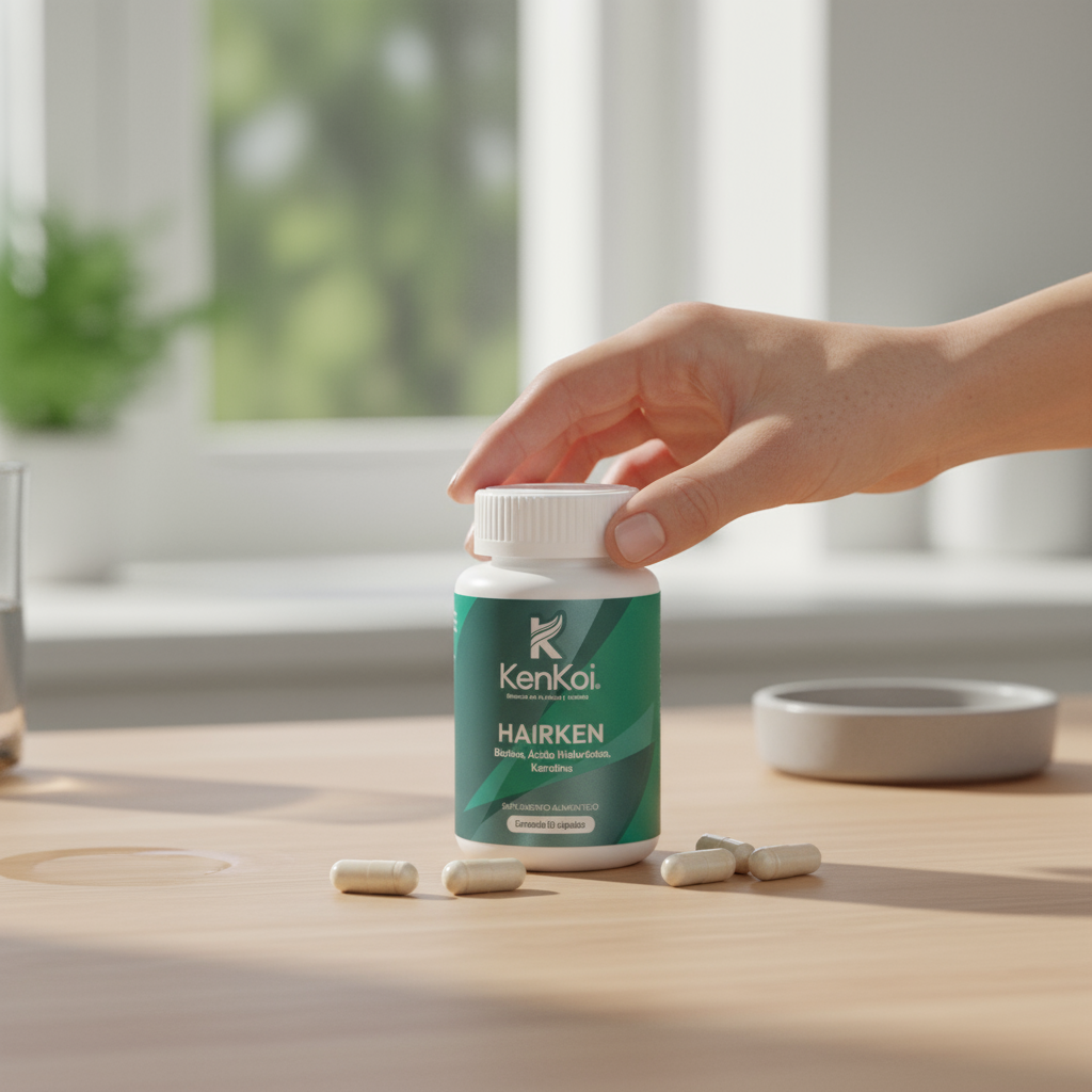 Mano femenina alcanzando botella de HAIRKEN Suplemento para Cabello Fuerte y Sano y cápsulas sobre mesa de madera.