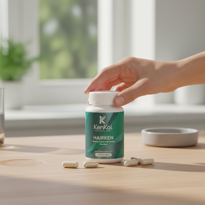 Mano femenina alcanzando botella de HAIRKEN Suplemento para Cabello Fuerte y Sano y cápsulas sobre mesa de madera.