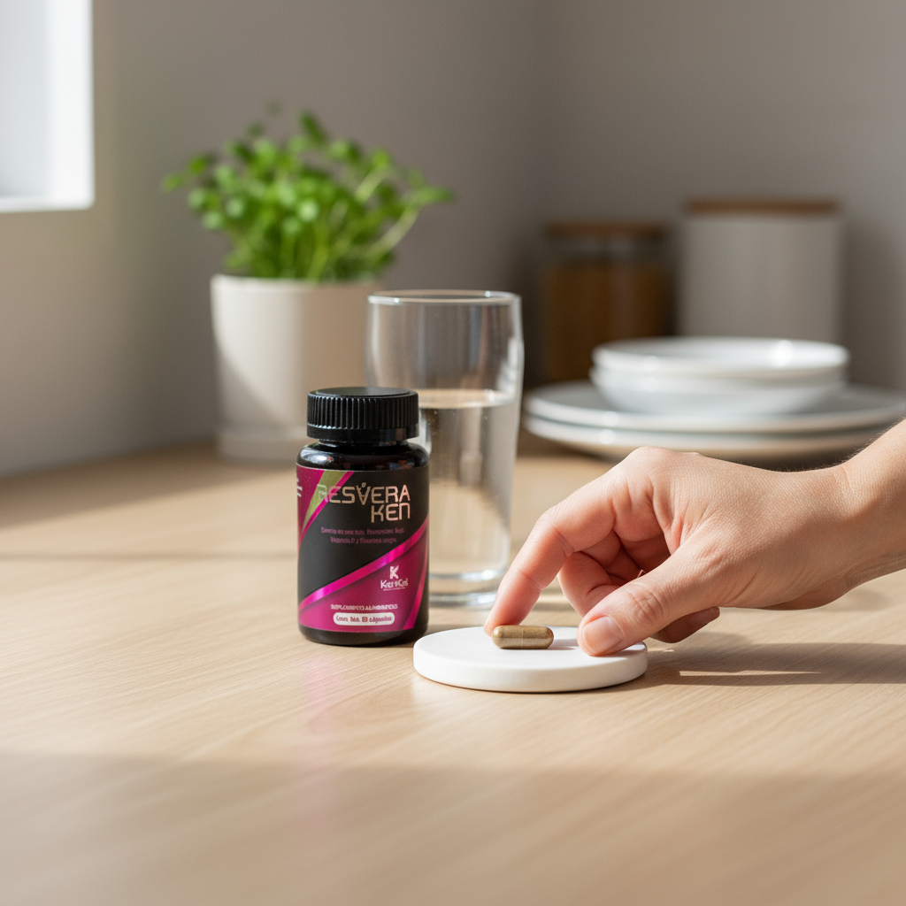 Mano recogiendo una cápsula de Resveraken, el suplemento antioxidante, de un posavasos en una cocina luminosa.